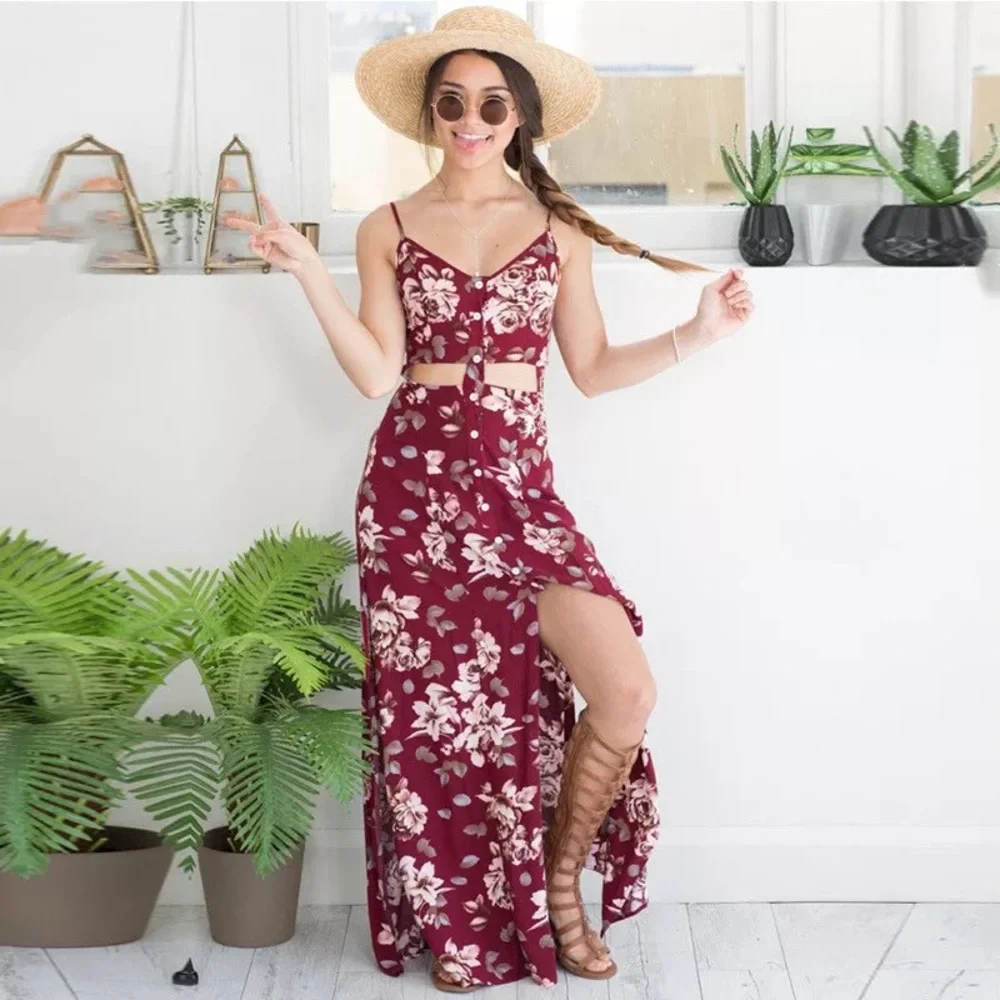 Open Cutout Midriff Bold Burgundy Floral Chiffon Maxi Dress - Picture 4 of 4